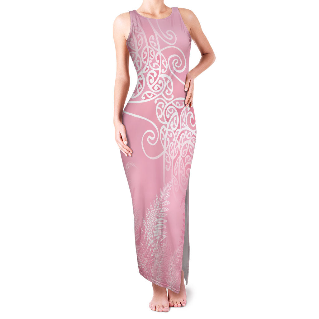 Aotearoa Maori Koru Curves Family Matching Tank Maxi Dress and Hawaiian Shirt Silver Ferns - Rose Pink LT7 Mom's Dress Pink - Polynesian Pride