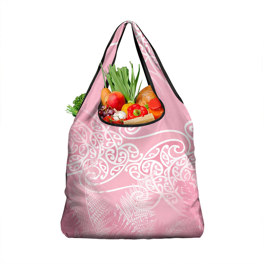 Aotearoa Maori Koru Curves Grocery Bag Silver Ferns - Rose Pink