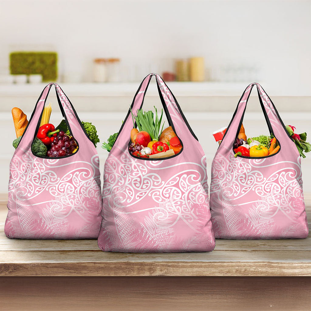 Aotearoa Maori Koru Curves Grocery Bag Silver Ferns - Rose Pink