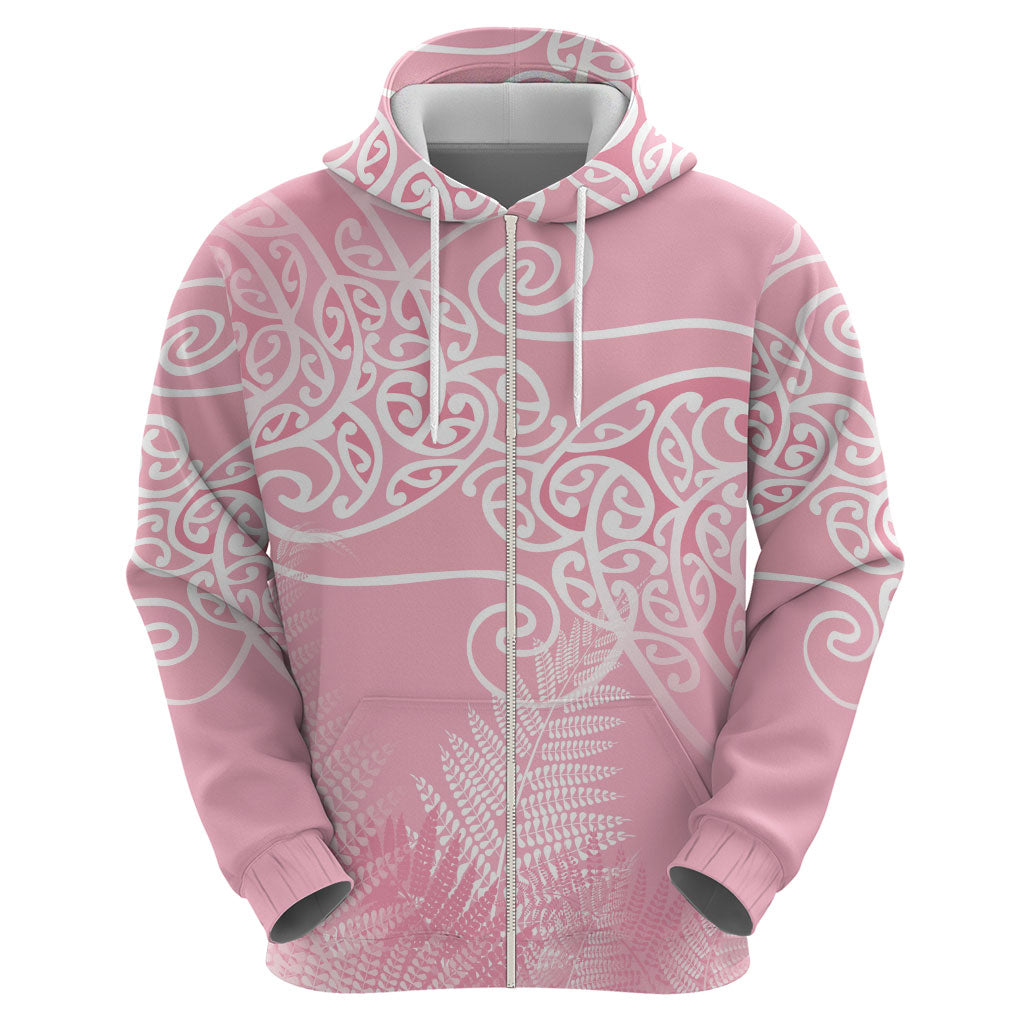 Aotearoa Maori Koru Curves Hoodie Silver Ferns - Rose Pink