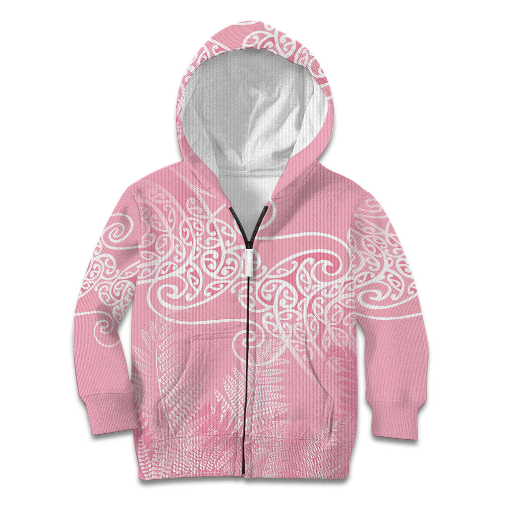 Aotearoa Maori Koru Curves Kid Hoodie Silver Ferns - Rose Pink