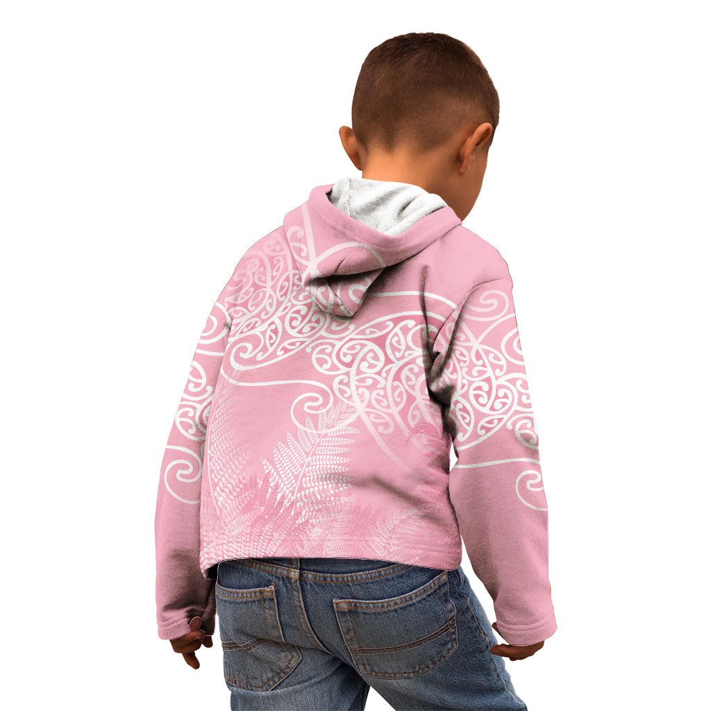 Aotearoa Maori Koru Curves Kid Hoodie Silver Ferns - Rose Pink