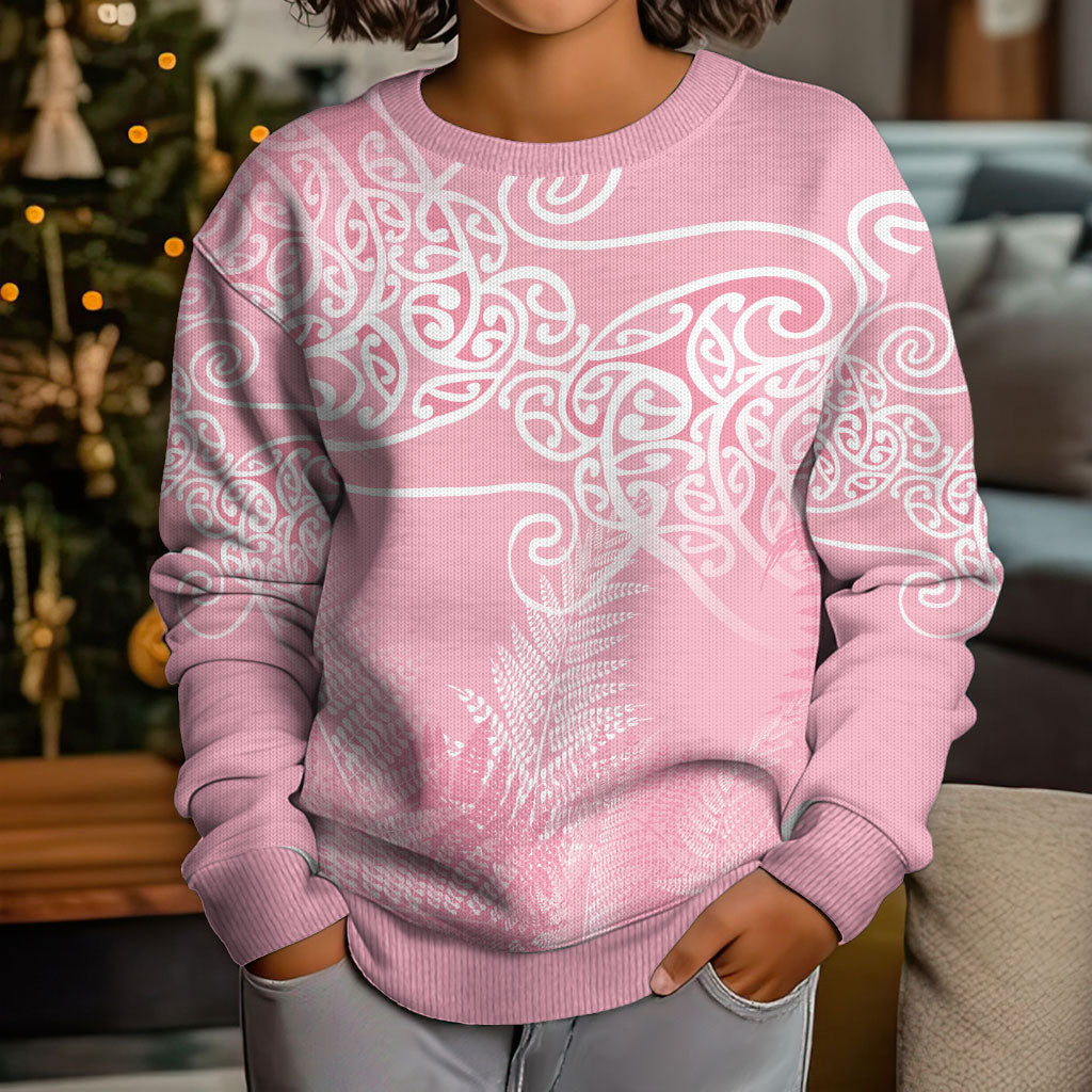 Aotearoa Maori Koru Curves Kid Ugly Christmas Sweater Silver Ferns - Rose Pink LT7 - Polynesian Pride