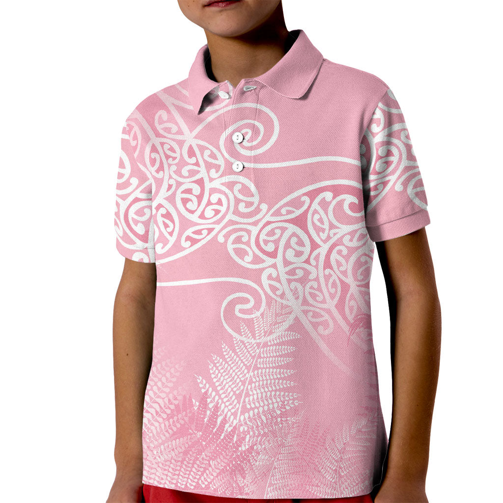 Aotearoa Maori Koru Curves Kid Polo Shirt Silver Ferns - Rose Pink