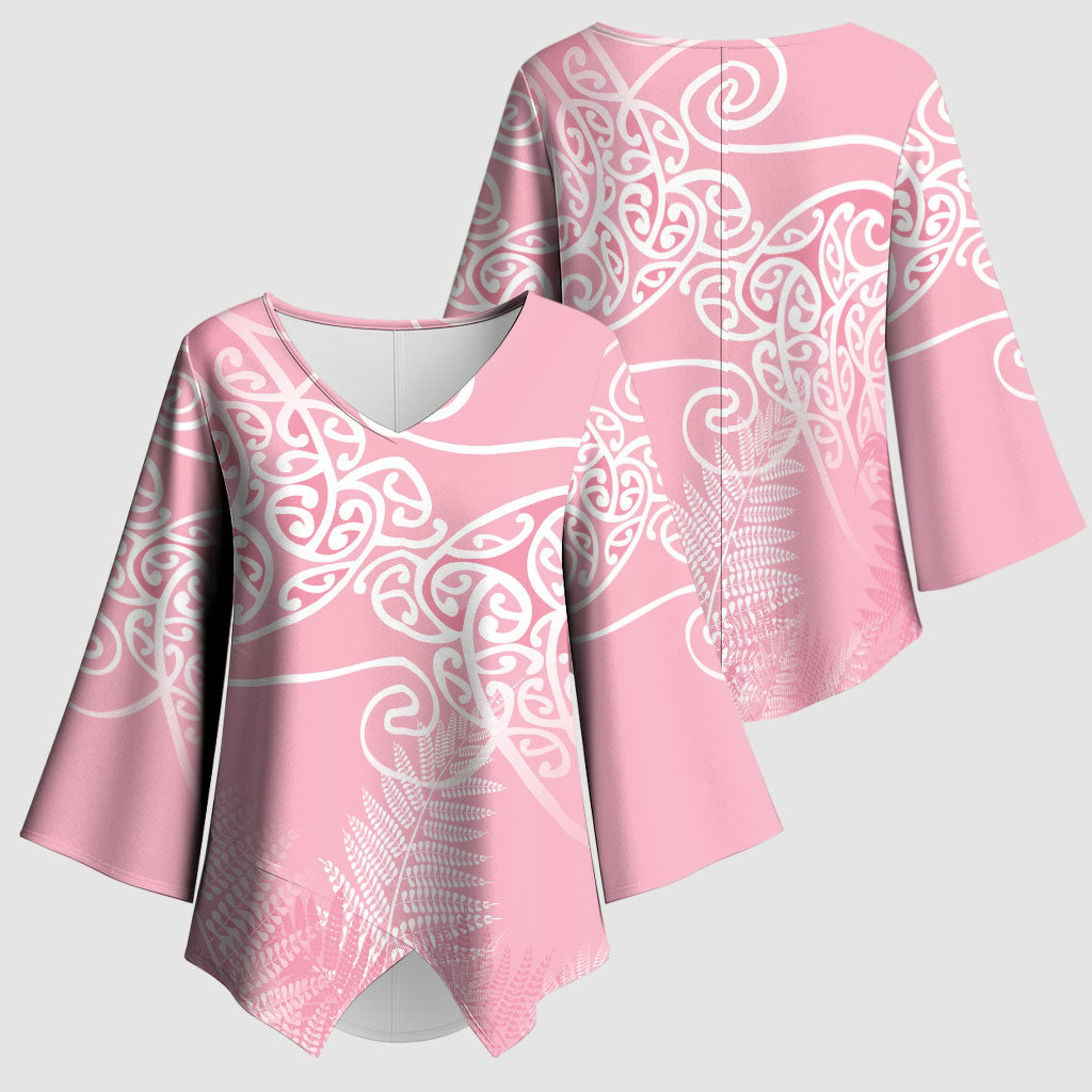 Aotearoa Maori Koru Curves Kimono Sleeve Blouse Silver Ferns - Rose Pink