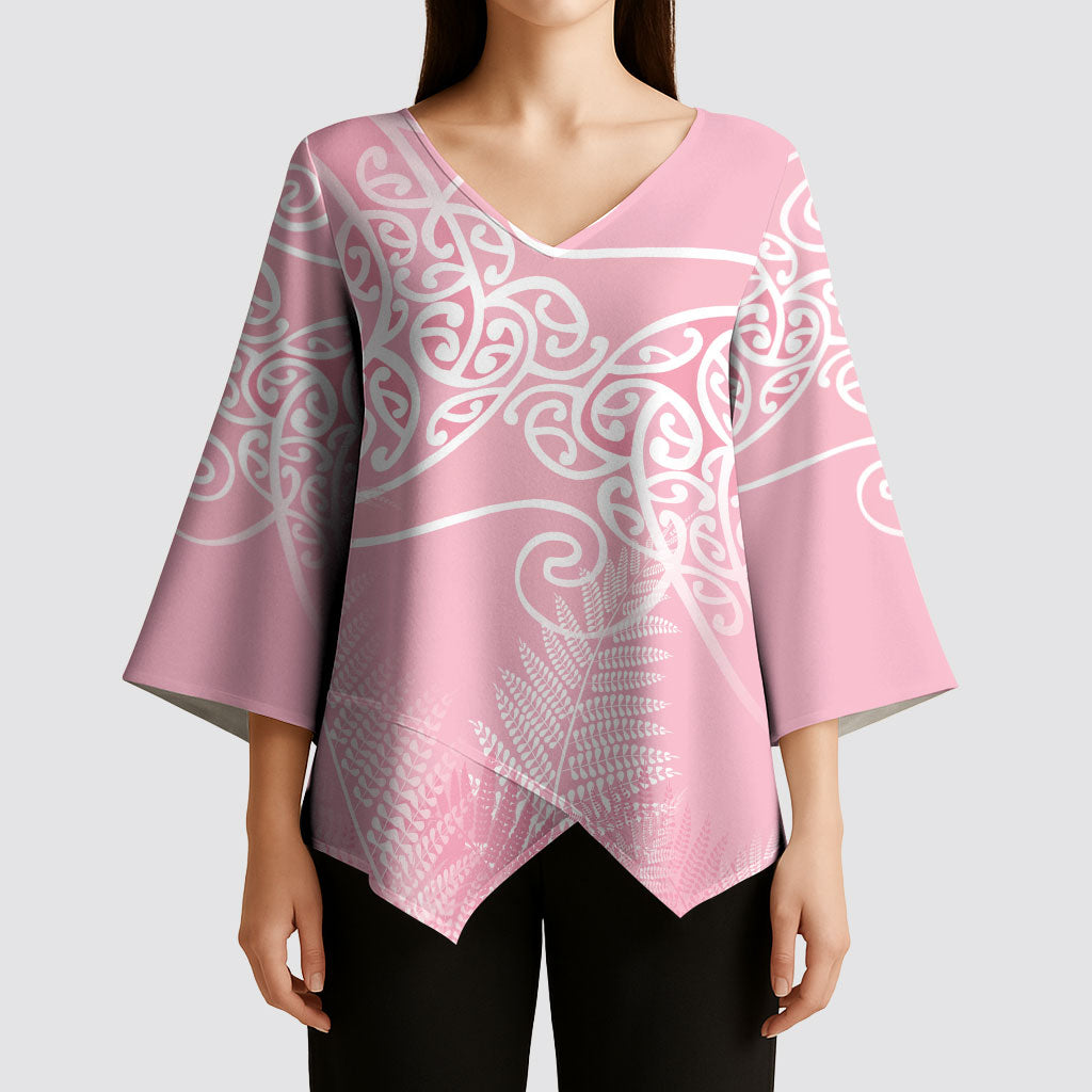 Aotearoa Maori Koru Curves Kimono Sleeve Blouse Silver Ferns - Rose Pink