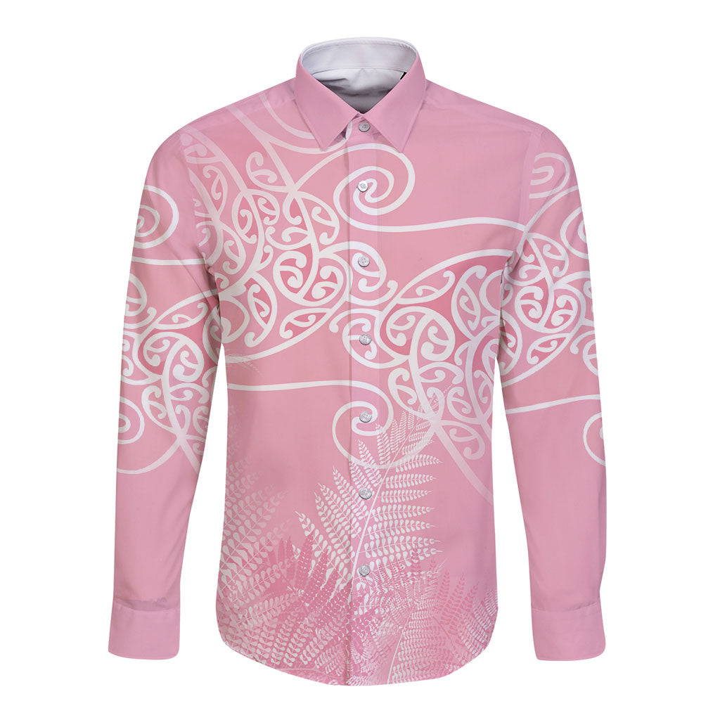 Aotearoa Maori Koru Curves Long Sleeve Button Shirt Silver Ferns - Rose Pink