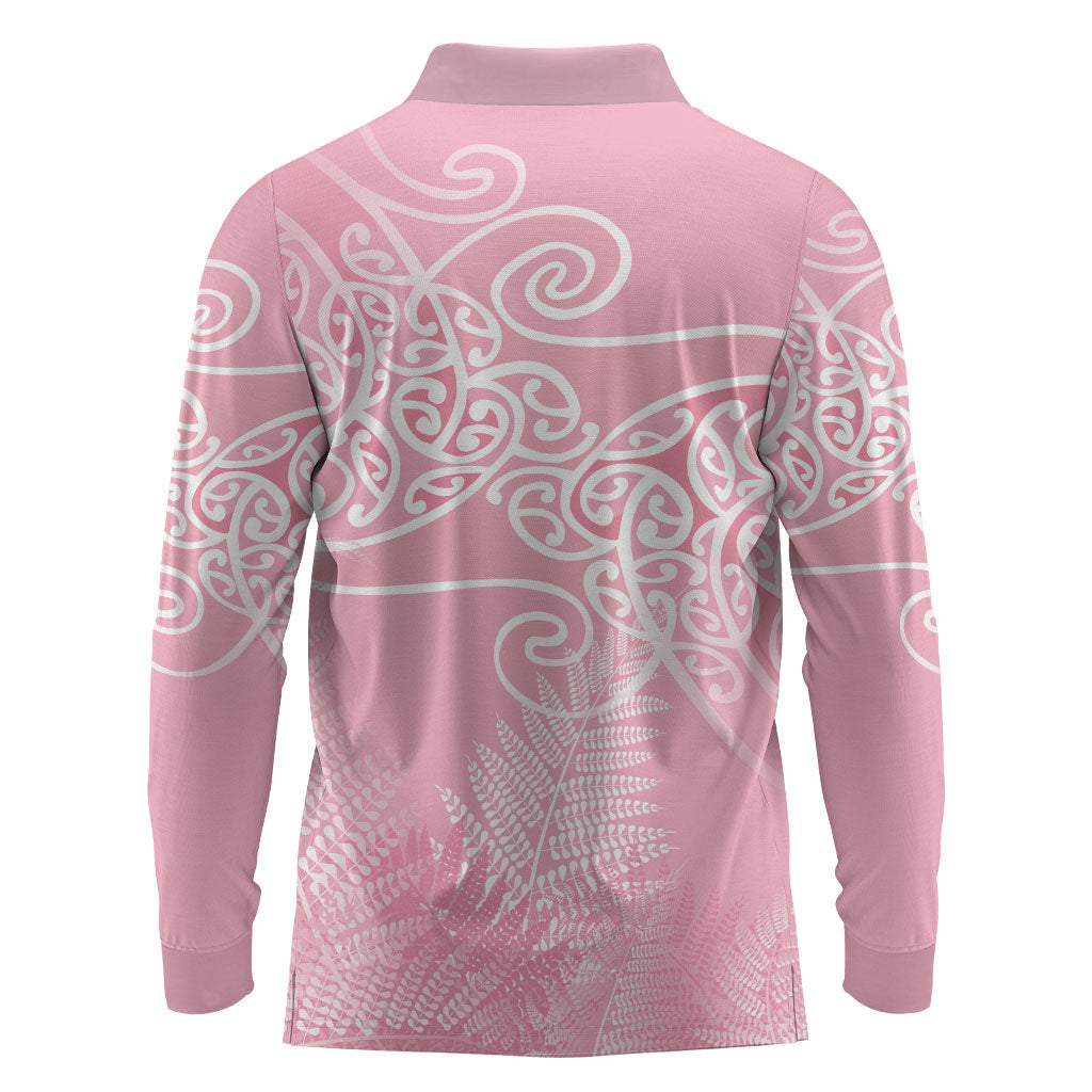 Aotearoa Maori Koru Curves Long Sleeve Polo Shirt Silver Ferns - Rose Pink