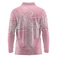 Aotearoa Maori Koru Curves Long Sleeve Polo Shirt Silver Ferns - Rose Pink