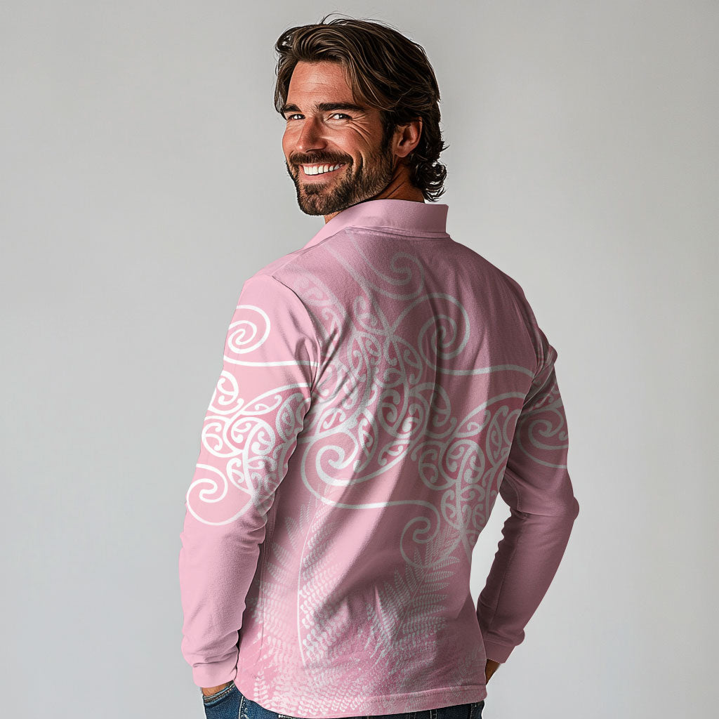 Aotearoa Maori Koru Curves Long Sleeve Polo Shirt Silver Ferns - Rose Pink