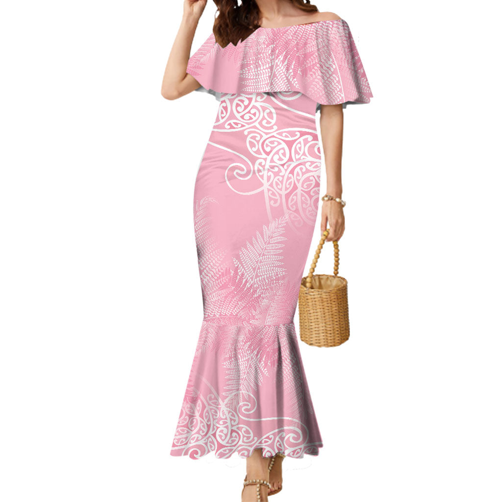 Aotearoa Maori Koru Curves Mermaid Dress Silver Ferns - Rose Pink
