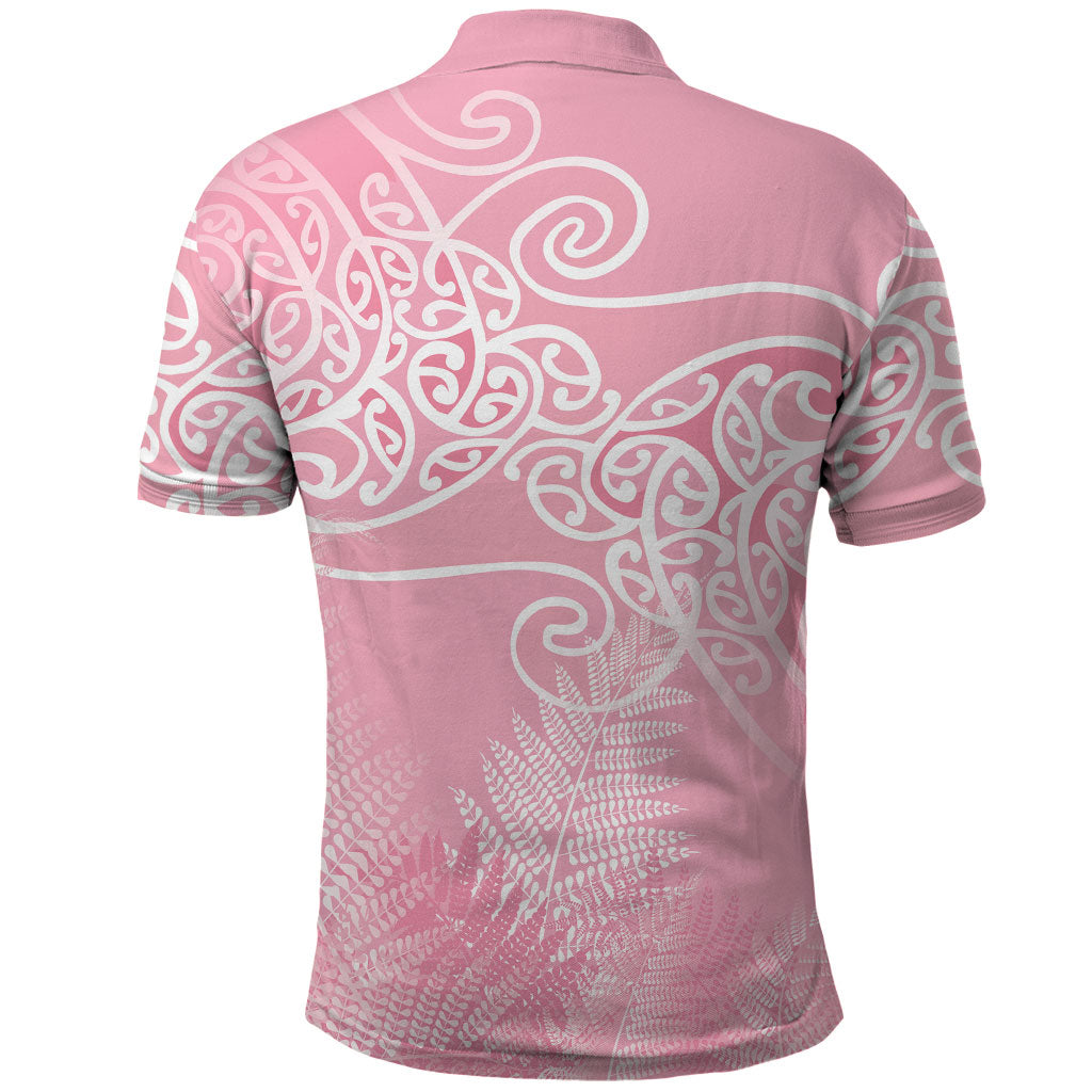 Aotearoa Maori Koru Curves Polo Shirt Silver Ferns - Rose Pink