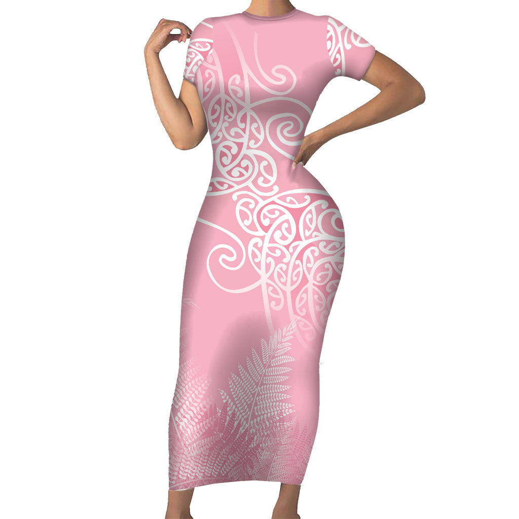 Aotearoa Maori Koru Curves Short Sleeve Bodycon Dress Silver Ferns - Rose Pink
