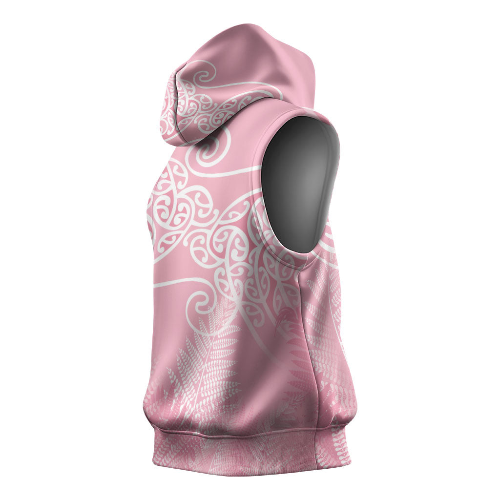 Aotearoa Maori Koru Curves Sleeveless Hoodie Silver Ferns - Rose Pink