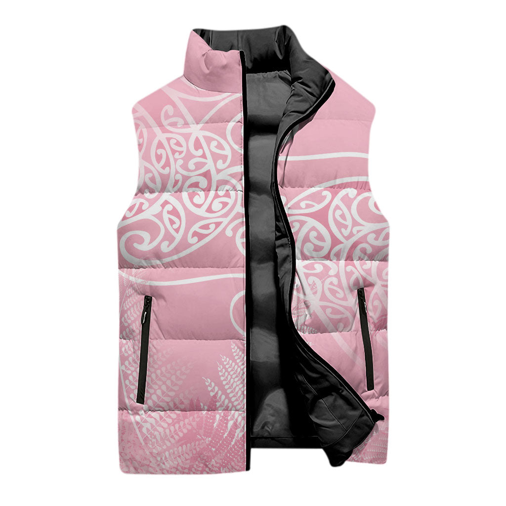 Aotearoa Maori Koru Curves Sleeveless Puffer Jacket Silver Ferns - Rose Pink