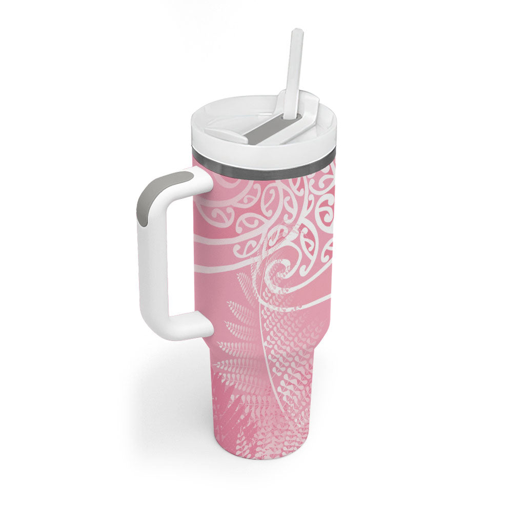 Aotearoa Maori Koru Curves Tumbler With Handle Silver Ferns - Rose Pink