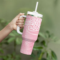 Aotearoa Maori Koru Curves Tumbler With Handle Silver Ferns - Rose Pink