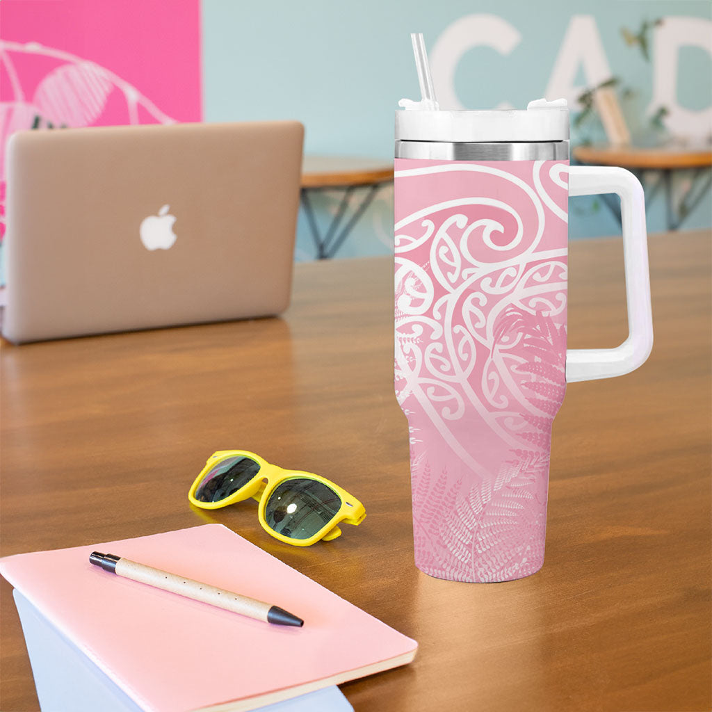 Aotearoa Maori Koru Curves Tumbler With Handle Silver Ferns - Rose Pink
