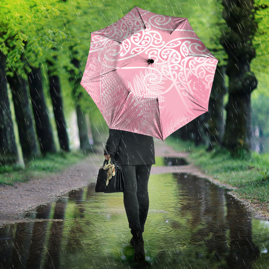 Aotearoa Maori Koru Curves Umbrella Silver Ferns - Rose Pink