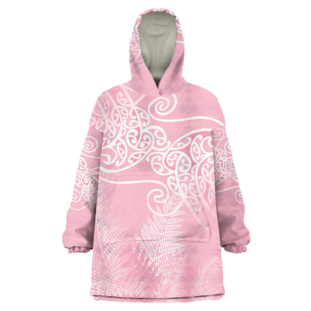 Aotearoa Maori Koru Curves Wearable Blanket Hoodie Silver Ferns - Rose Pink