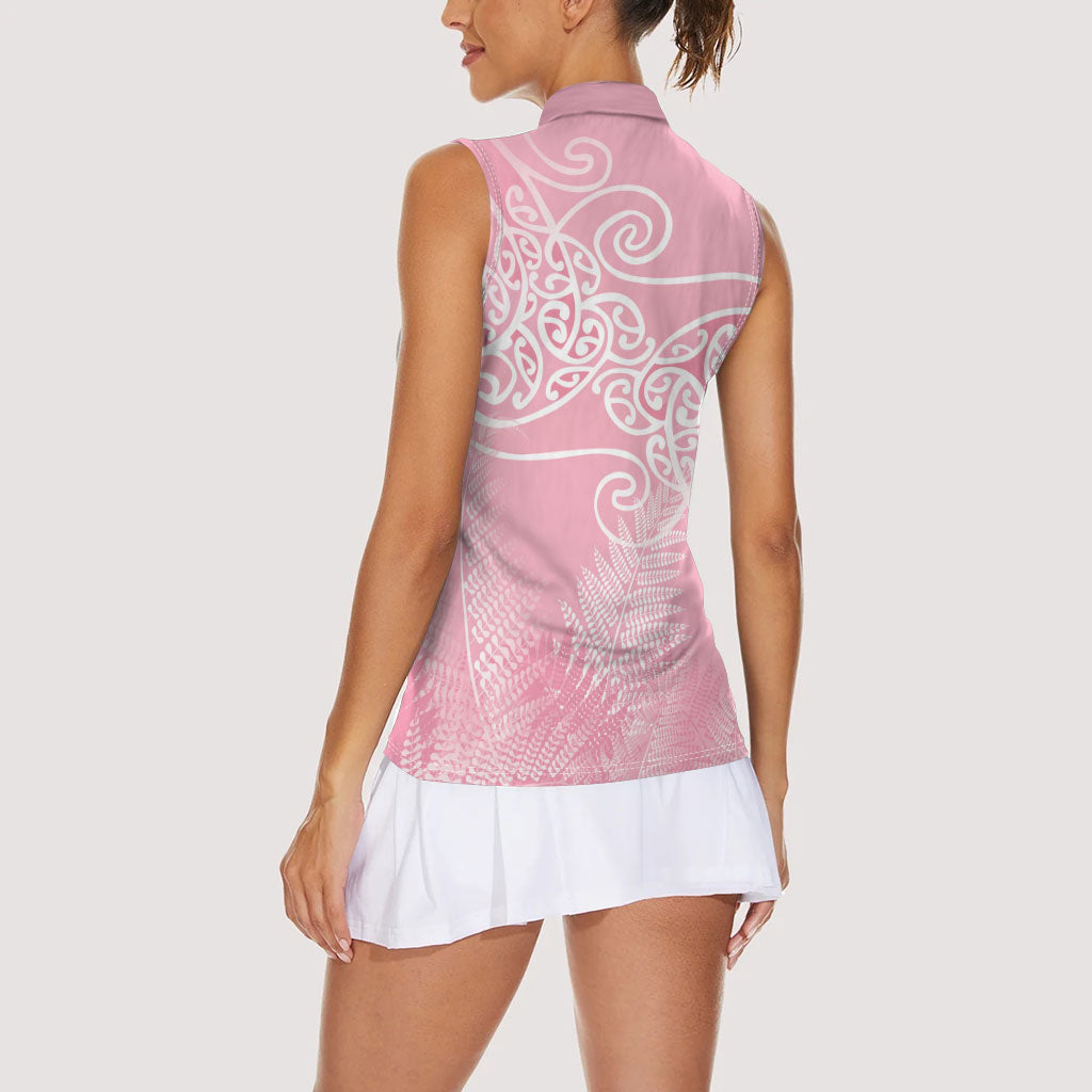 Aotearoa Maori Koru Curves Women Sleeveless Polo Shirt Silver Ferns - Rose Pink