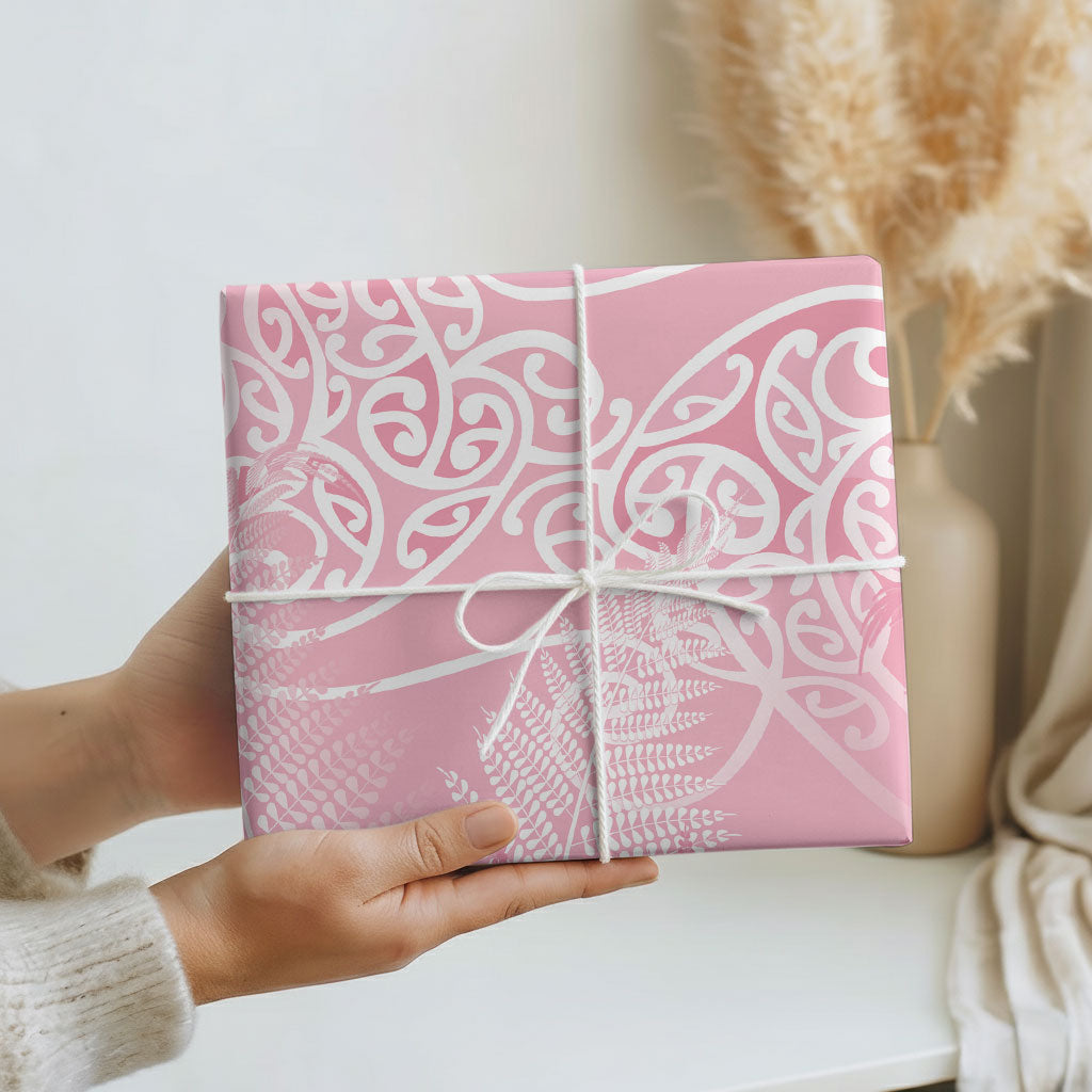Aotearoa Maori Koru Curves Wrapping Paper Silver Ferns - Rose Pink