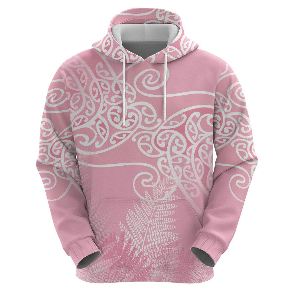 Aotearoa Maori Koru Curves Zip Hoodie Silver Ferns - Rose Pink