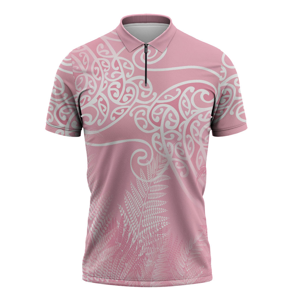 Aotearoa Maori Koru Curves Zipper Polo Shirt Silver Ferns - Rose Pink