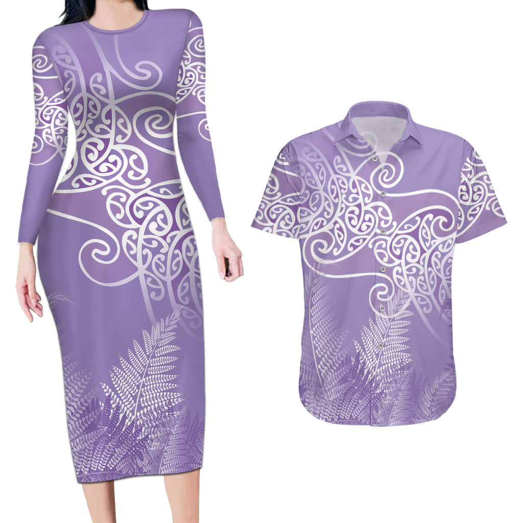 Aotearoa Maori Koru Curves Couples Matching Long Sleeve Bodycon Dress and Hawaiian Shirt Silver Ferns - Amethyst