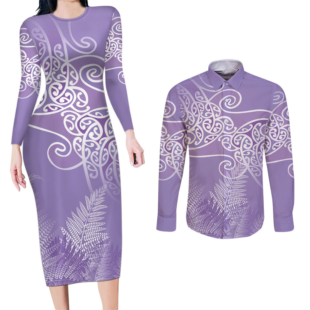 Aotearoa Maori Koru Curves Couples Matching Long Sleeve Bodycon Dress and Long Sleeve Button Shirt Silver Ferns - Amethyst LT7 Purple - Polynesian Pride