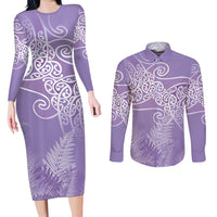Aotearoa Maori Koru Curves Couples Matching Long Sleeve Bodycon Dress and Long Sleeve Button Shirt Silver Ferns - Amethyst LT7 Purple - Polynesian Pride