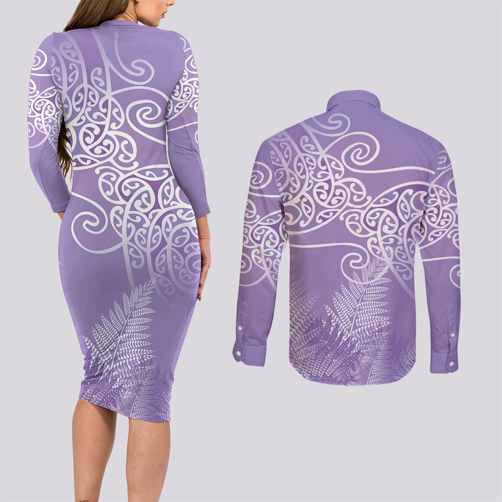 Aotearoa Maori Koru Curves Couples Matching Long Sleeve Bodycon Dress and Long Sleeve Button Shirt Silver Ferns - Amethyst LT7 - Polynesian Pride