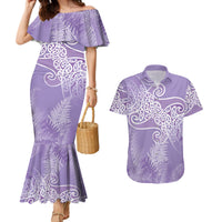 Aotearoa Maori Koru Curves Couples Matching Mermaid Dress and Hawaiian Shirt Silver Ferns - Amethyst