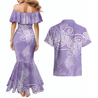 Aotearoa Maori Koru Curves Couples Matching Mermaid Dress and Hawaiian Shirt Silver Ferns - Amethyst