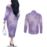 Aotearoa Maori Koru Curves Couples Matching Off The Shoulder Long Sleeve Dress and Long Sleeve Button Shirt Silver Ferns - Amethyst