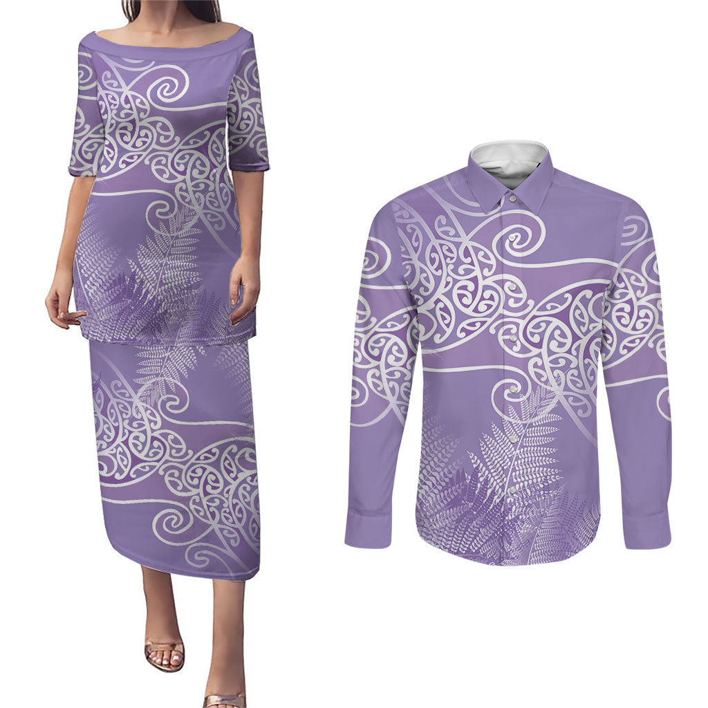 Aotearoa Maori Koru Curves Couples Matching Puletasi and Long Sleeve Button Shirt Silver Ferns - Amethyst