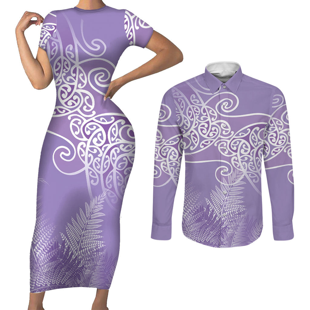 Aotearoa Maori Koru Curves Couples Matching Short Sleeve Bodycon Dress and Long Sleeve Button Shirt Silver Ferns - Amethyst LT7 Purple - Polynesian Pride