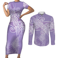 Aotearoa Maori Koru Curves Couples Matching Short Sleeve Bodycon Dress and Long Sleeve Button Shirt Silver Ferns - Amethyst LT7 Purple - Polynesian Pride