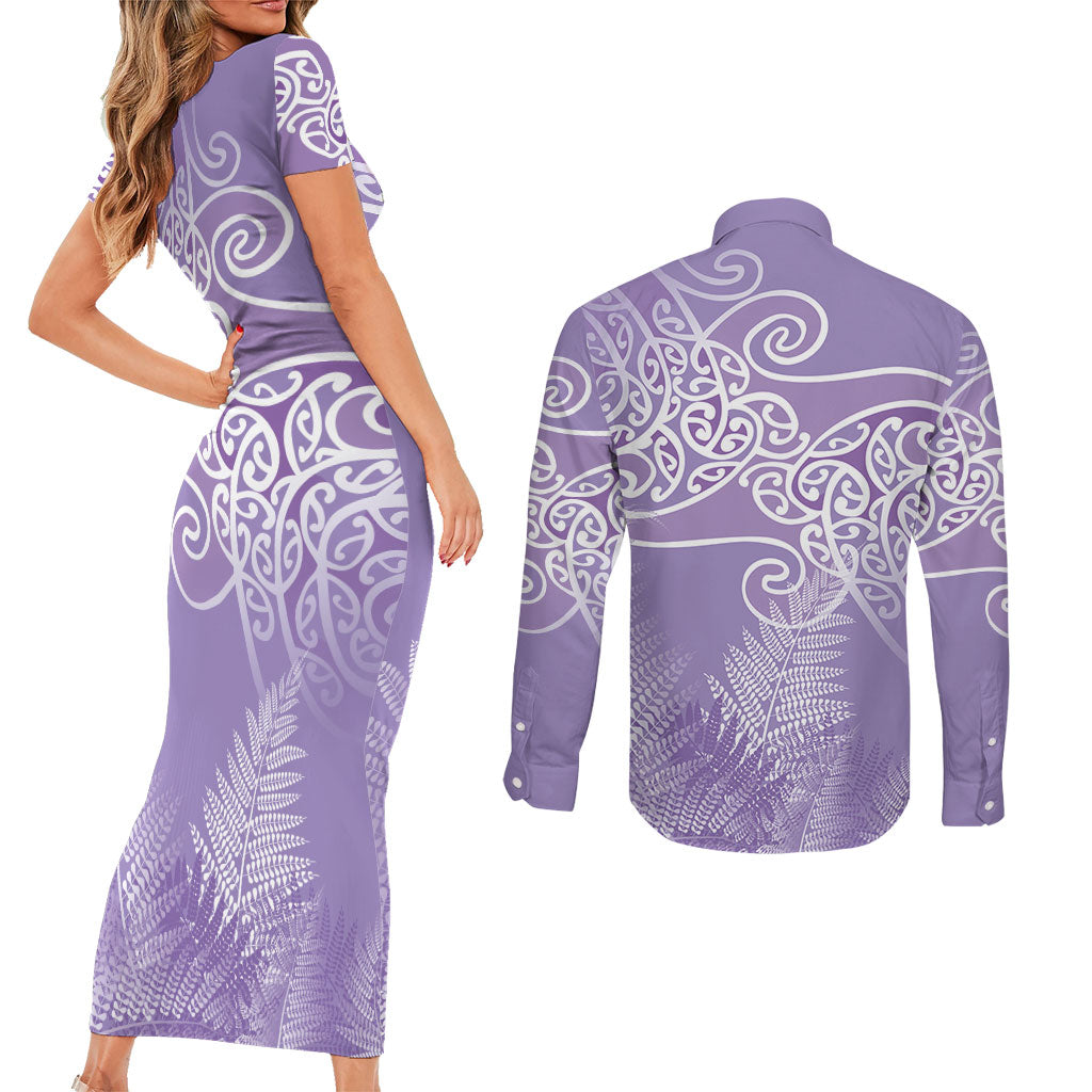 Aotearoa Maori Koru Curves Couples Matching Short Sleeve Bodycon Dress and Long Sleeve Button Shirt Silver Ferns - Amethyst LT7 - Polynesian Pride