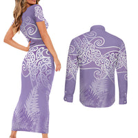 Aotearoa Maori Koru Curves Couples Matching Short Sleeve Bodycon Dress and Long Sleeve Button Shirt Silver Ferns - Amethyst LT7 - Polynesian Pride