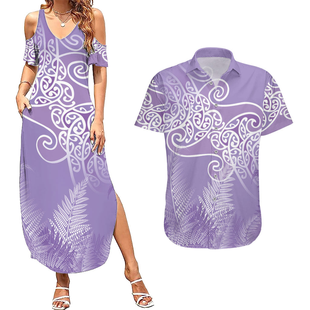 Aotearoa Maori Koru Curves Couples Matching Summer Maxi Dress and Hawaiian Shirt Silver Ferns - Amethyst