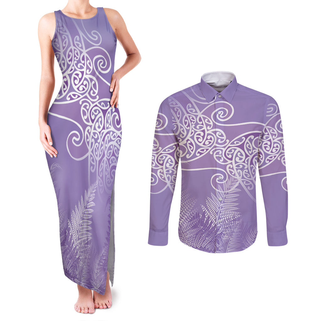 Aotearoa Maori Koru Curves Couples Matching Tank Maxi Dress and Long Sleeve Button Shirt Silver Ferns - Amethyst LT7 Purple - Polynesian Pride
