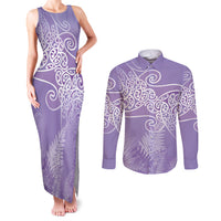 Aotearoa Maori Koru Curves Couples Matching Tank Maxi Dress and Long Sleeve Button Shirt Silver Ferns - Amethyst LT7 Purple - Polynesian Pride