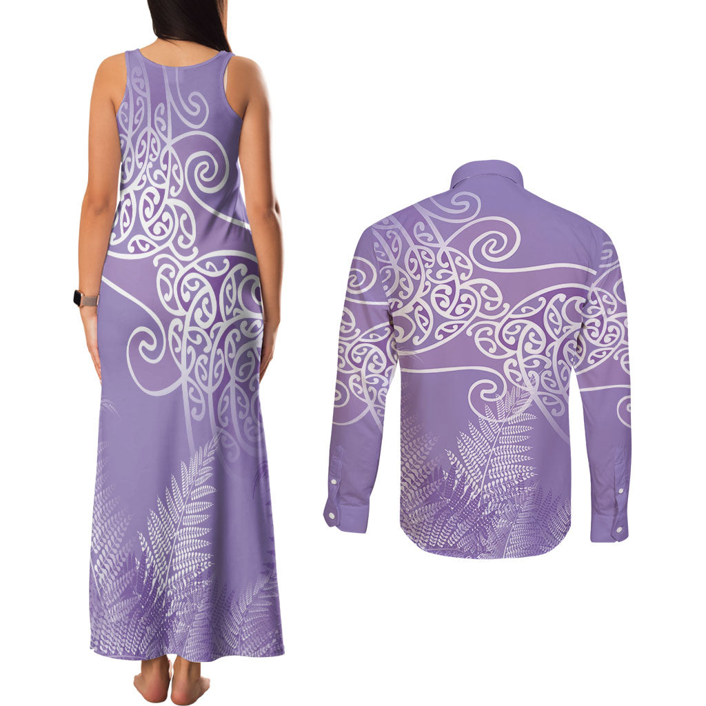 Aotearoa Maori Koru Curves Couples Matching Tank Maxi Dress and Long Sleeve Button Shirt Silver Ferns - Amethyst LT7 - Polynesian Pride