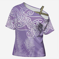 Aotearoa Maori Koru Curves Cross Shoulder Shirt Silver Ferns - Amethyst