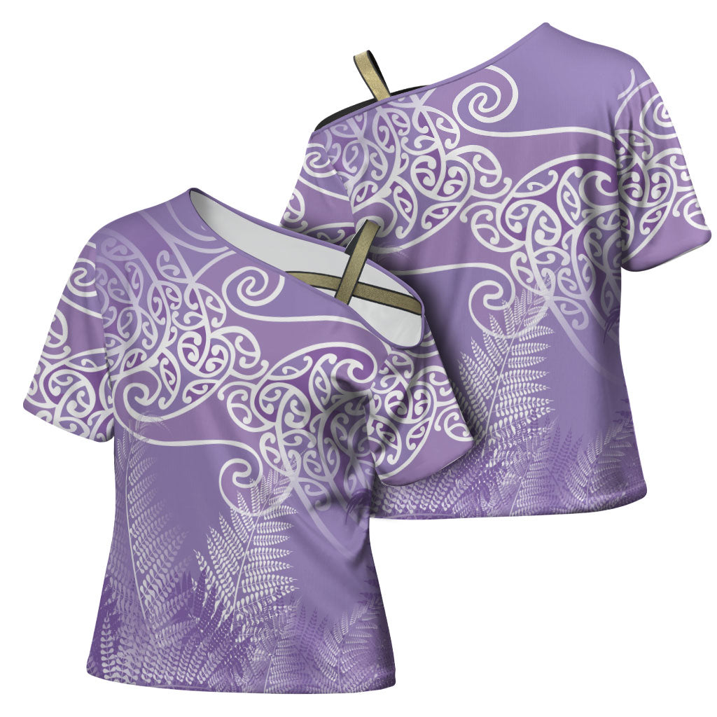 Aotearoa Maori Koru Curves Cross Shoulder Shirt Silver Ferns - Amethyst