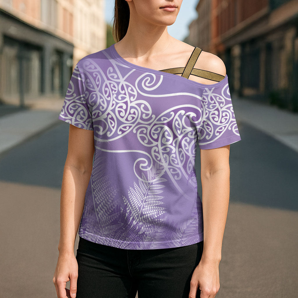 Aotearoa Maori Koru Curves Cross Shoulder Shirt Silver Ferns - Amethyst