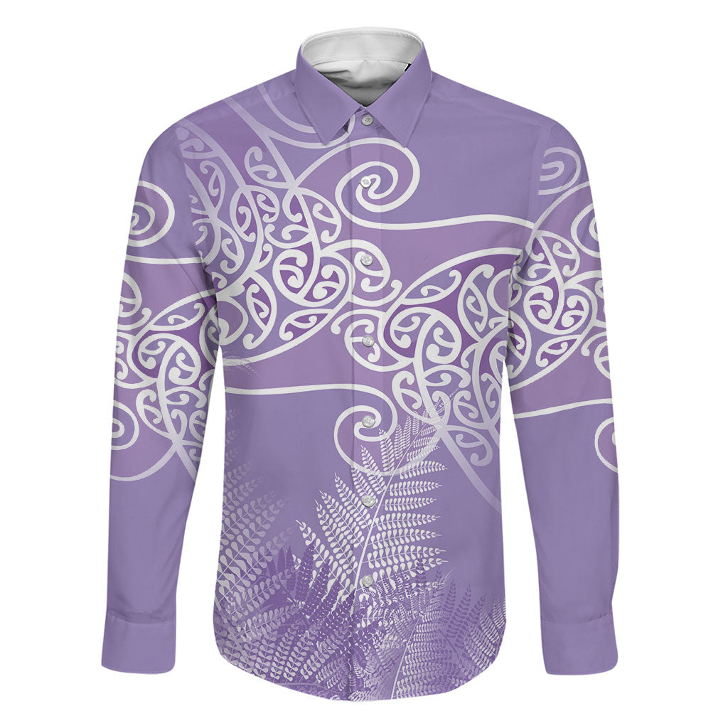 Aotearoa Maori Koru Curves Family Matching Long Sleeve Bodycon Dress and Hawaiian Shirt Silver Ferns - Amethyst LT7 Dad's Shirt - Long Sleeve Purple - Polynesian Pride
