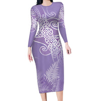 Aotearoa Maori Koru Curves Family Matching Long Sleeve Bodycon Dress and Hawaiian Shirt Silver Ferns - Amethyst LT7 Mom's Dress Purple - Polynesian Pride