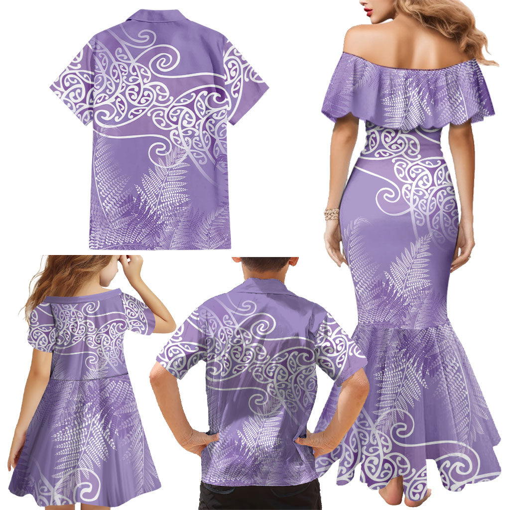 Aotearoa Maori Koru Curves Family Matching Mermaid Dress and Hawaiian Shirt Silver Ferns - Amethyst LT7 - Polynesian Pride